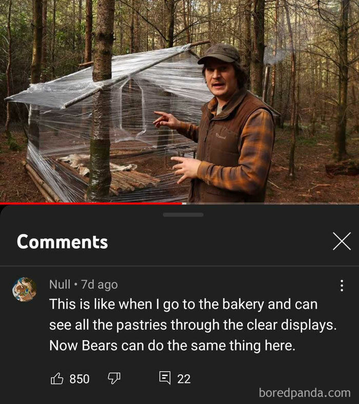 A man in a forest next to a makeshift shelter, above a funny YouTube comment in the comment section.