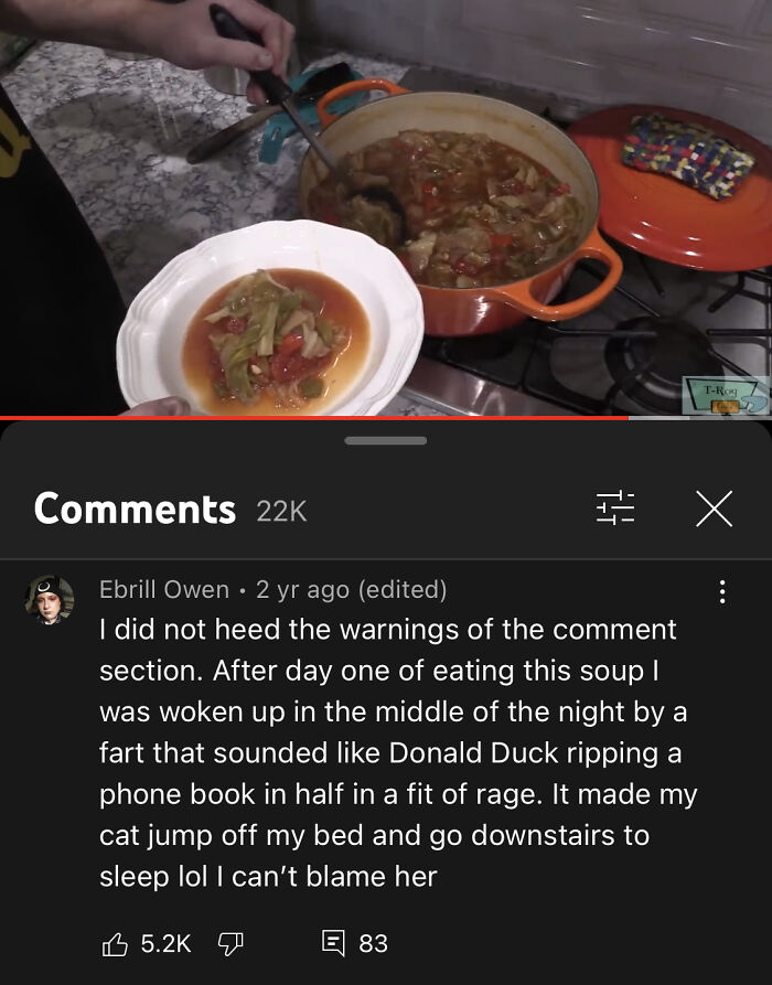 Someone serving soup from a pot, above a YouTube comment with a funny story in the comment section.