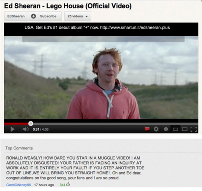 A YouTube video for Ed Sheeran's Lego House song with a creative, long comment.