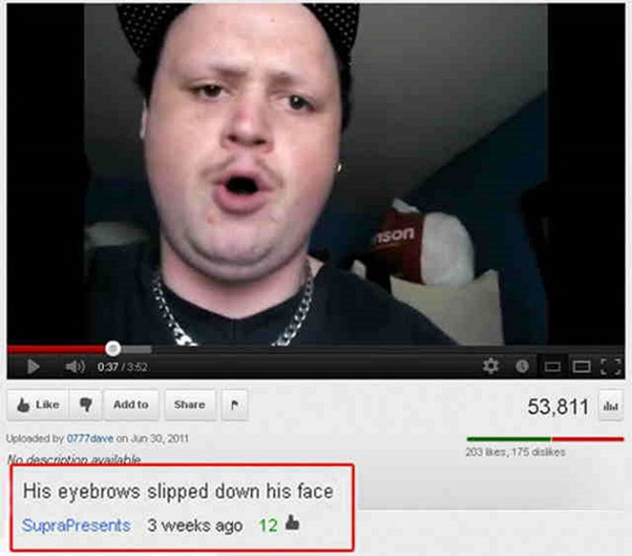 A YouTube video featuring a man with a memorable face and a top comment about his eyebrows.
