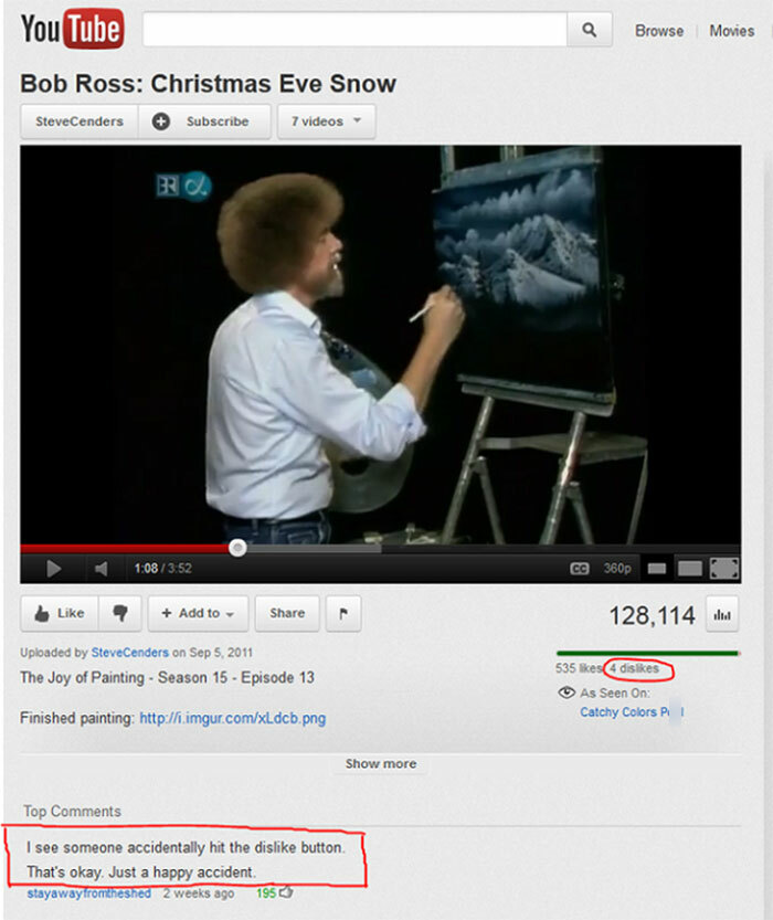 A humorous YouTube comment on a Bob Ross painting video about finding a dislike button.