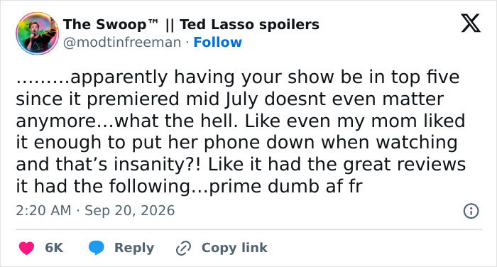 A social media post on X expressing backlash over an Amazon female-centric show cancellation.