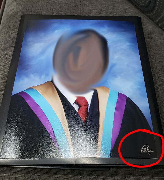 A graduation portrait with a misplaced company logo showing terrible product design