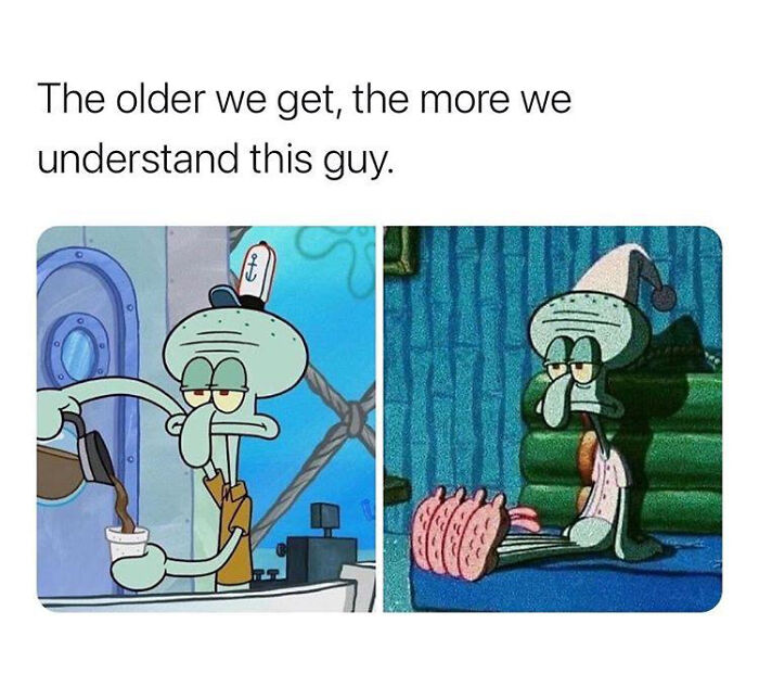 A two-panel meme showing Squidward drinking coffee and then lying in bed. A relatable meme for adults who still don't know what they're doing.