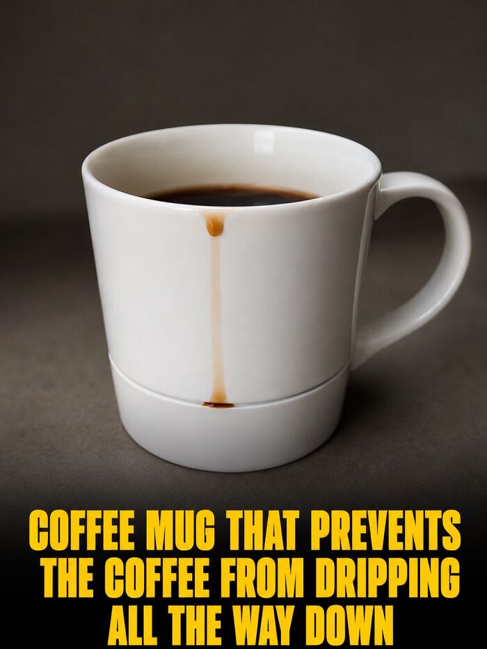 Coffee mug with a clever product design featuring a drip-catching base for a clean experience.