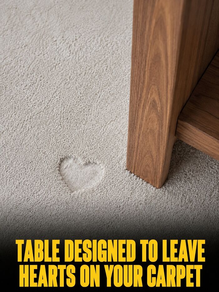 A wooden table leg leaving a heart-shaped indentation on a carpet, a clever product design detail.