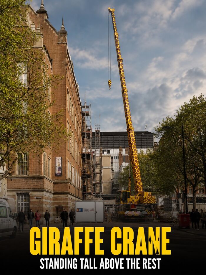 A tall giraffe crane with a unique design, showcasing a practical product design on a construction site.