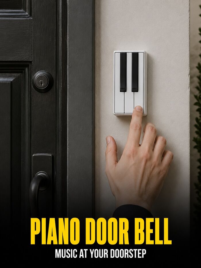 A hand pressing a key on a piano doorbell, an example of practical product design.
