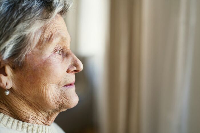 A close-up profile of an elderly woman with short, grey hair looking thoughtfully to the right. Lawyers were shocked by how stupid their clients could be.