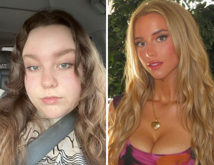 A split image showing a girl with wavy brown hair before a change, and then with long blonde hair and a colorful top after, demonstrating a personal transformation.