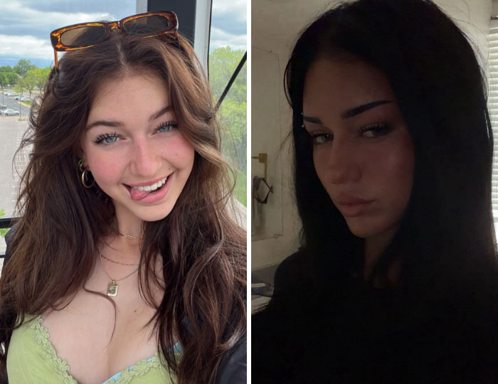 A girl's transformation, illustrating a girl with light brown hair and a bright smile changing to dark hair and a serious expression.