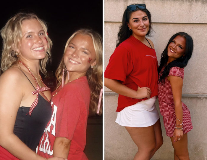 A girl's transformation, showing two pairs of girls before and after deciding to change everything about themselves.