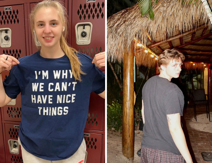 A girl's transformation, comparing a girl in a locker room shirt to a boy in a tropical setting.