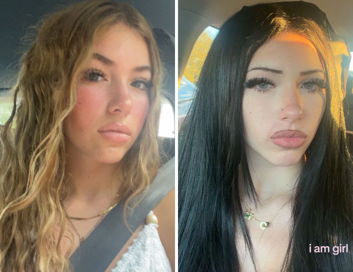 A girl's transformation, featuring a before-and-after of a blonde girl changing to dark hair.