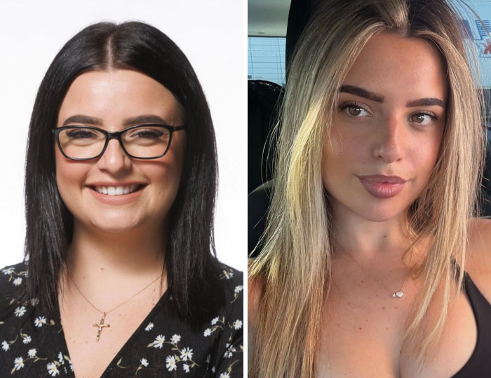 A girl's transformation, showcasing a significant change in appearance from dark hair and glasses to blonde hair.