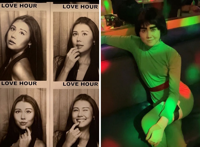 A girl decided to change everything about herself, transforming from stylish photos to a Guy Sensei costume.