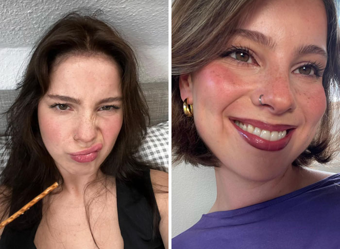 A girl before and after, with a noticeable change everything about herself in hair, makeup, and expression.