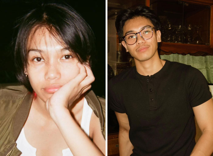 A split image shows a girl with short hair before a change, and a boy with glasses after, showcasing a personal transformation.