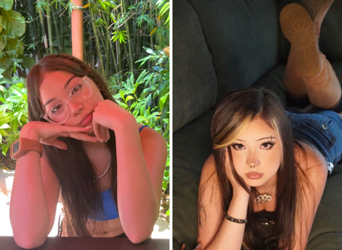 Two images of girls before and after a change, one with glasses outdoors and another with dark hair and piercings indoors, highlighting personal transformation.