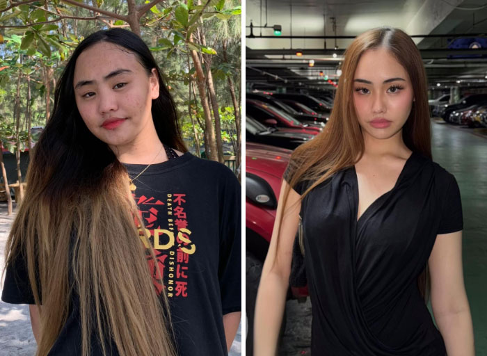 A split image showing a girl with long hair and a black shirt before a change, and then with lighter hair and a black dress after, displaying a personal transformation.
