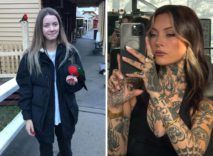 On the left, a girl holding a bird; on the right, a girl with extensive arm tattoos and a phone, showing how girls change everything.