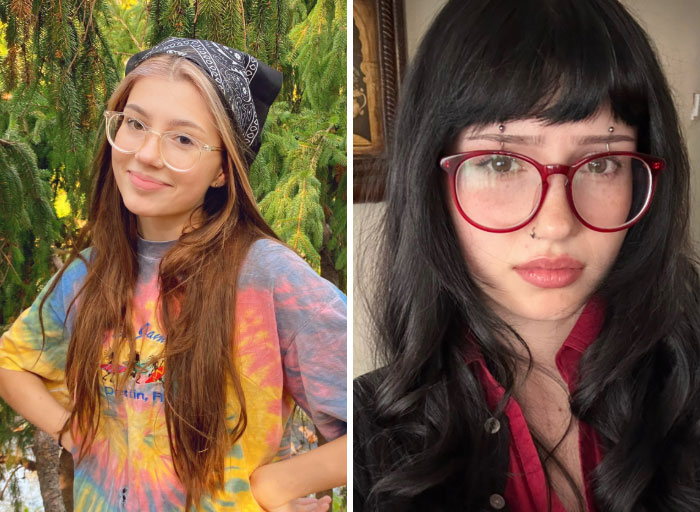 A girl on the left with glasses and a bandana, and on the right, a girl with black hair, red glasses, and facial piercings, showing girls will change themselves.
