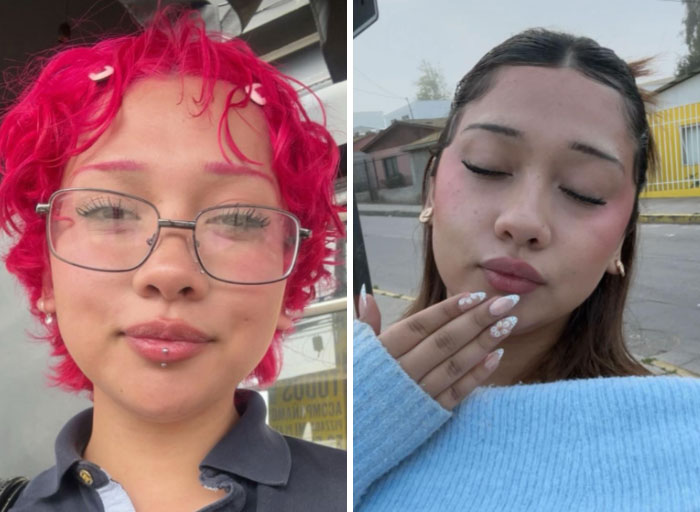 On the left, a girl with short pink hair and glasses; on the right, a girl with long hair, closed eyes, and a patterned manicure, illustrating girls will change themselves.