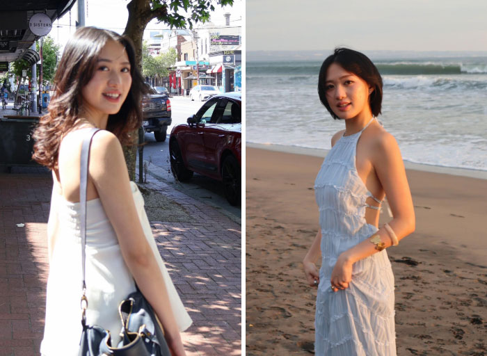 On the left, a girl walking on a city street; on the right, a girl on a beach in a light blue dress, showing girls will decide to change everything.