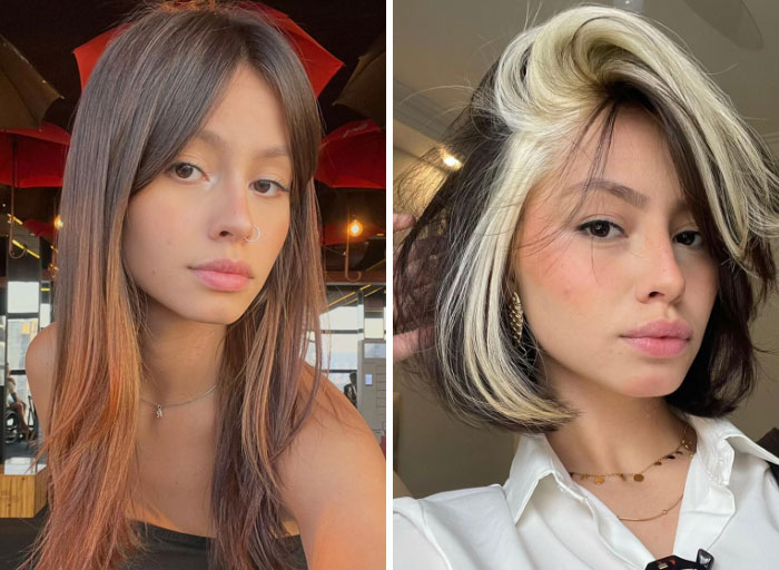 Photos of girls changing themselves, highlighting a bold hair color and cut transformation, proving girls change everything about themselves.