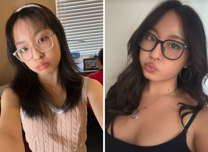 Before and after a girl's style change, from light-framed glasses and a striped top to dark-framed glasses and a dark tank top.