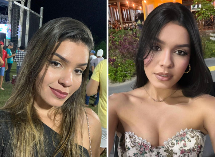 A girl with long brown hair changes to a new look with dark hair and a strapless floral top, showcasing a transformation.