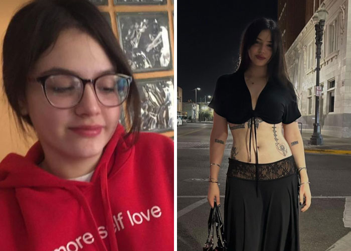 A girl's transformation from wearing glasses and a red hoodie to a confident, tattooed look with a crop top and skirt.