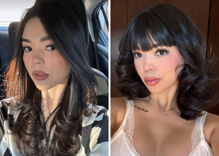 A girl with long dark hair before a makeover and after with a stylish bob haircut and bangs, showcasing a change.