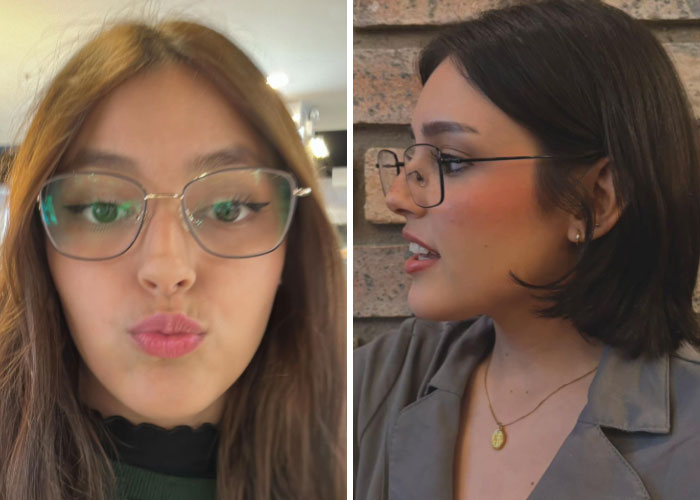 Before and after transformation of a girl with long brown hair and glasses changing to short dark hair and new glasses.