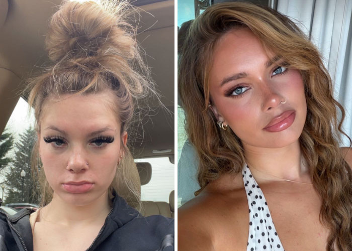 Before and after photos of a girl's transformation, showcasing her decision to change everything about herself with a new hairstyle and makeup.