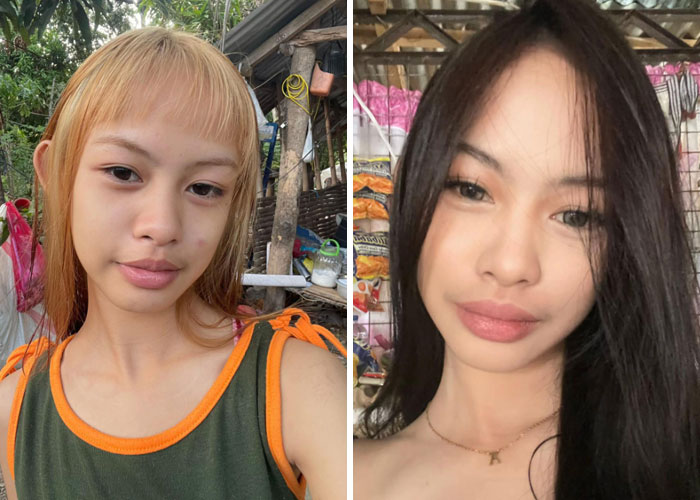 Two images showing a girl before and after deciding to change everything about herself, from blonde to dark hair.