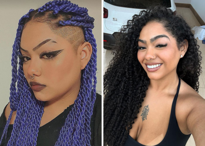 A girl before and after deciding to change everything about herself, from vibrant braids to natural curly hair.