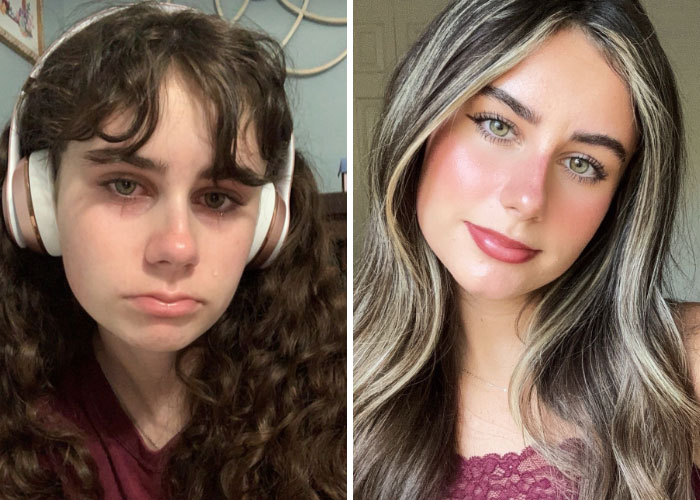 A girl before and after deciding to change everything about herself, transforming from crying to a radiant look.
