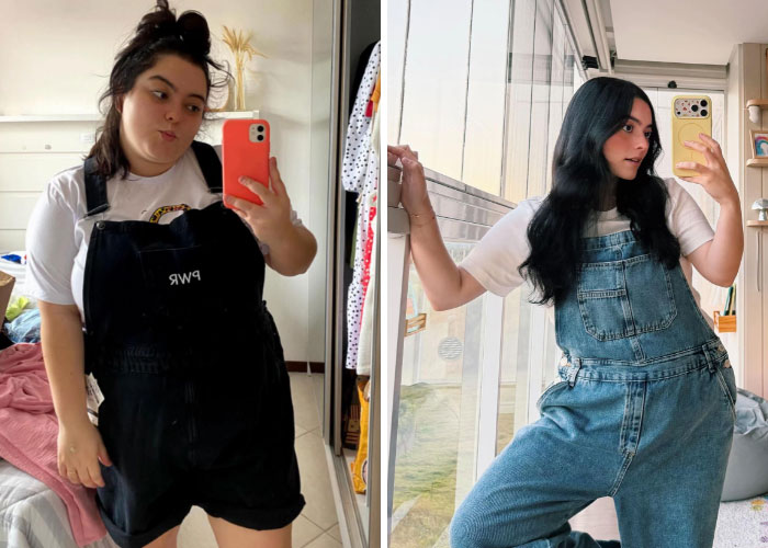 A girl before and after deciding to change everything about herself, comparing an old jumpsuit to new denim overalls.