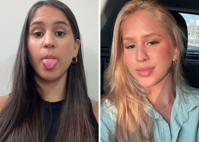 A girl sticking her tongue out, next to a photo of her with blonde hair. Proves girls change everything.