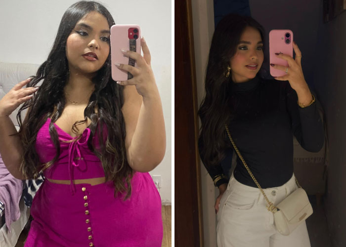 A girl in a pink outfit, next to a photo of her in a black top and white pants. Proves girls change everything.