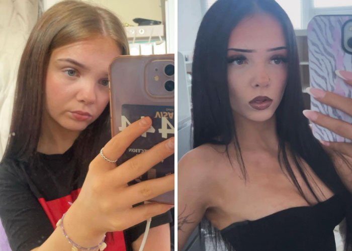 A girl with light brown hair, next to a photo of her with long black hair and heavy makeup. Proves girls change everything.