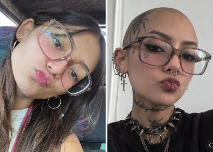 A girl with long hair and glasses, next to a photo of her with a shaved head, tattoos, and piercings. Proves girls change everything.
