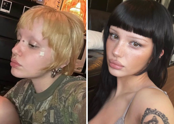 A girl with short blonde hair and minimal makeup, next to a photo of her with long black hair and full makeup. Proves girls change everything.