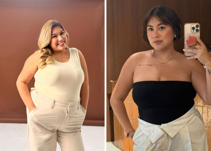 A girl before and after deciding to change everything about herself, showcasing a new style and confident pose.