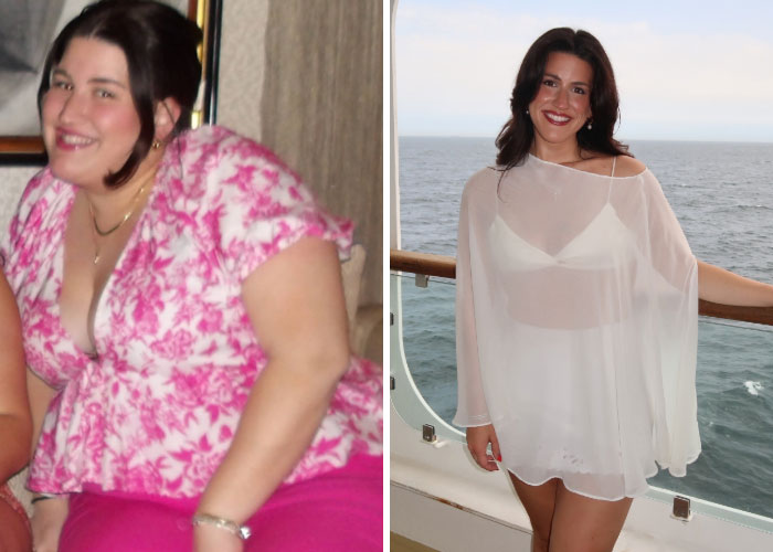 A girl on the left in a pink floral top, and a girl on the right in a white outfit on a cruise, showing her decision to change and transform.
