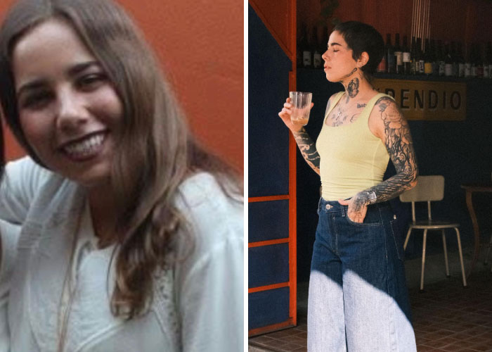 A girl on the left with long brown hair smiling, and a girl on the right with short dark hair and tattoos, proving her decision to change everything about herself.