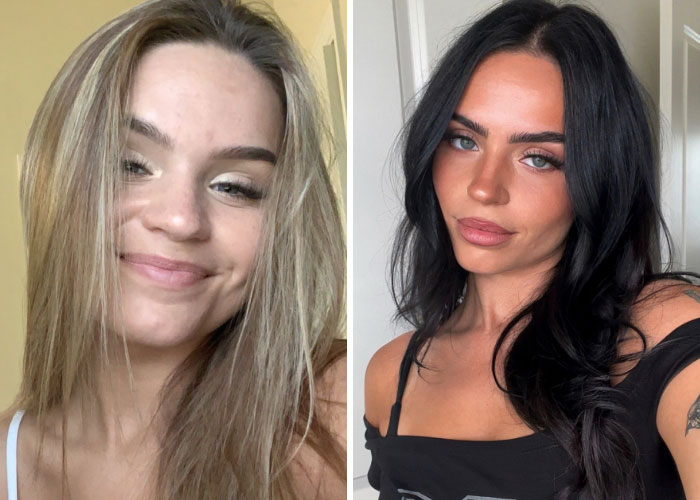 A girl on the left with blonde hair smiling, and a girl on the right with dark hair and a more intense gaze, showcasing her decision to change.
