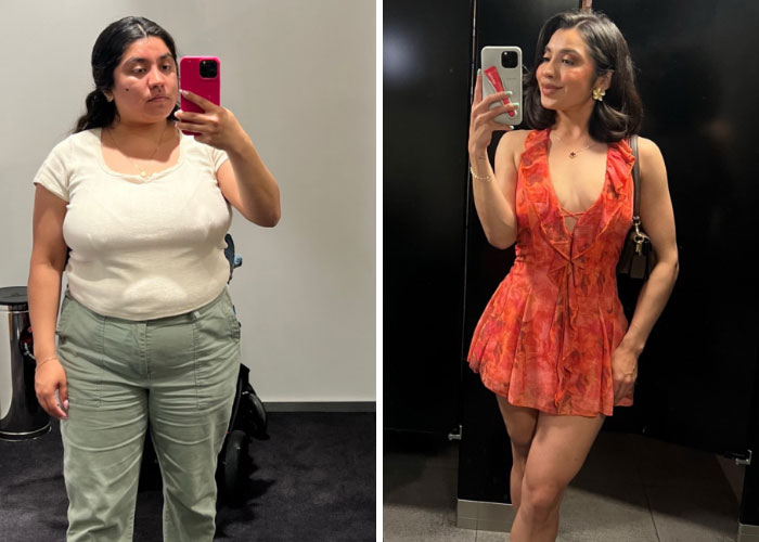 A girl before and after deciding to change everything about herself, showcasing a dramatic change in style and confidence.
