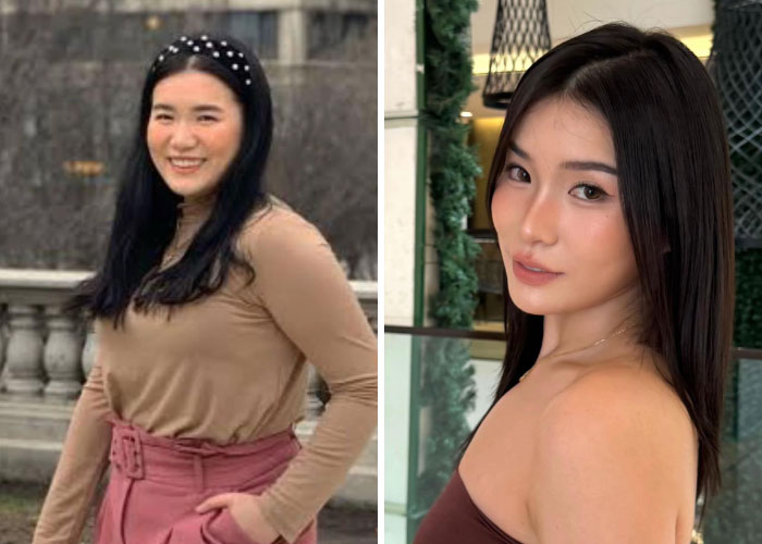 A girl on the left with long dark hair and a headband smiling, and a girl on the right with straight dark hair and a more confident look, showing her self-change.